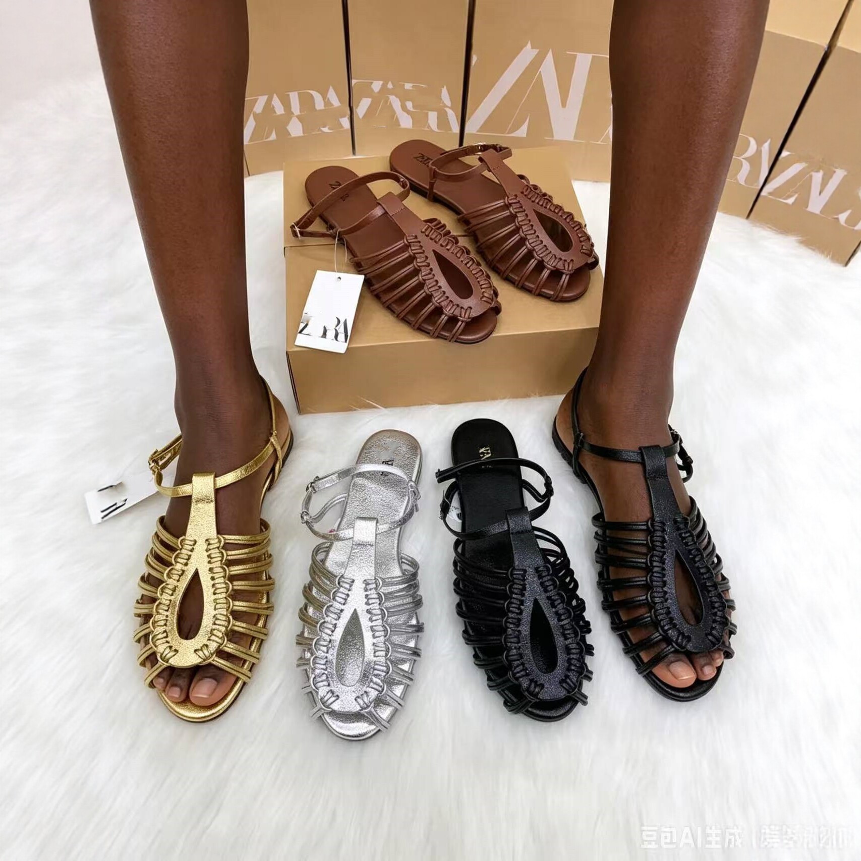 ZA2026 Summer New Knitted Hollow Roman Sandals for Women, Flat Bottom with One Piece Buckle and Open Toe, Breathable, Comfortable and Fashionable