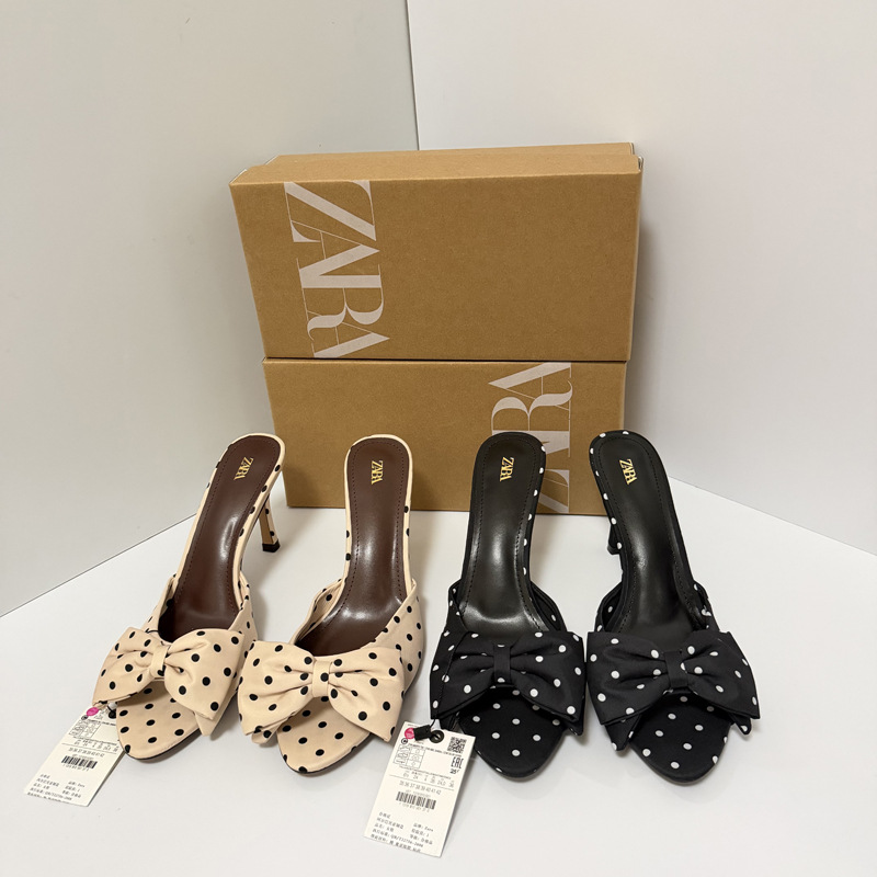 ZA2026 Spring New Women's Shoes Silk Effect Bow Wave Point Style Fashionable Stiletto High Heels Outerwear Cold Slippers