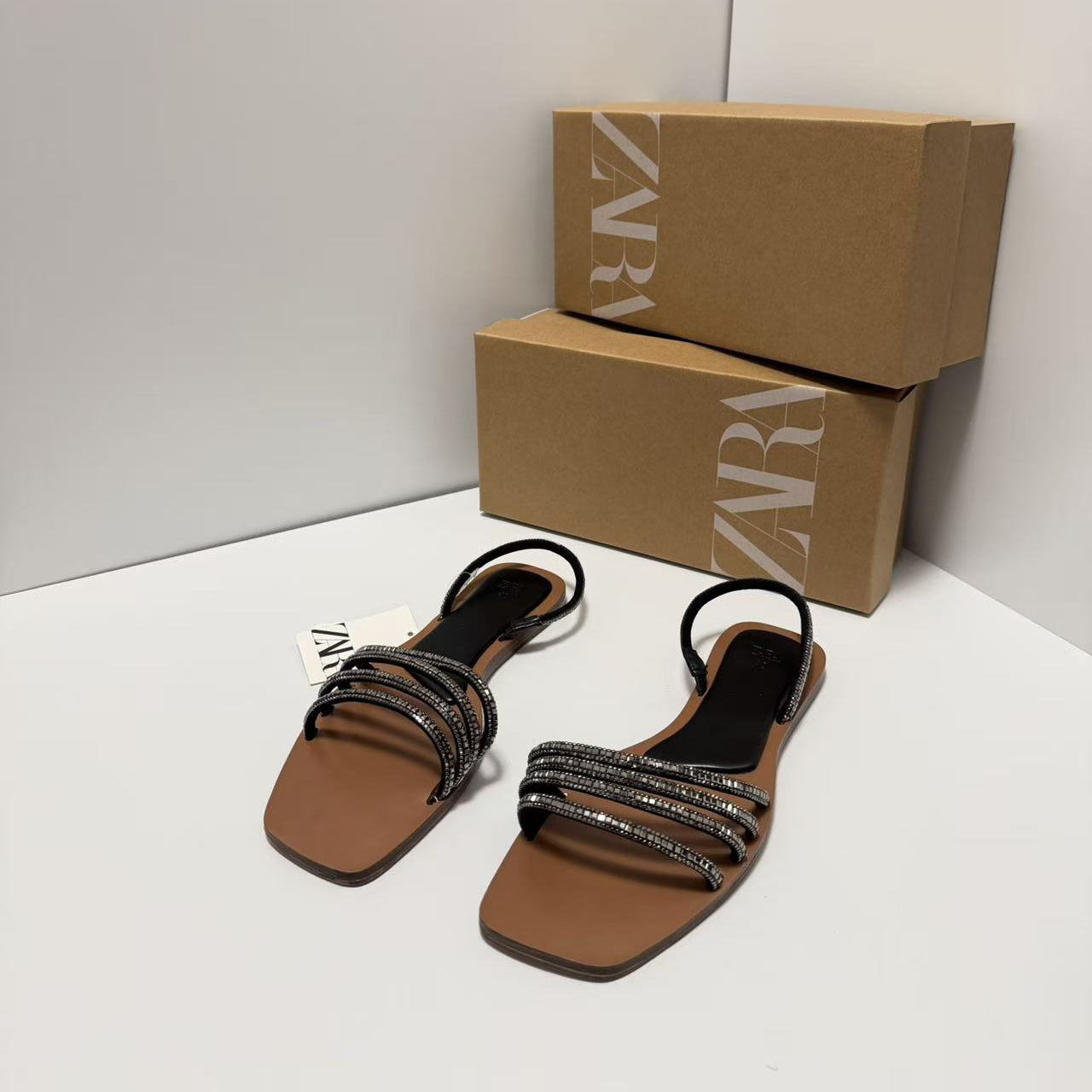 ZA2025 new flat sandals for women's foreign trade original single diamond strap women's shoes fashion set shoes square toe flat bottom women's cool