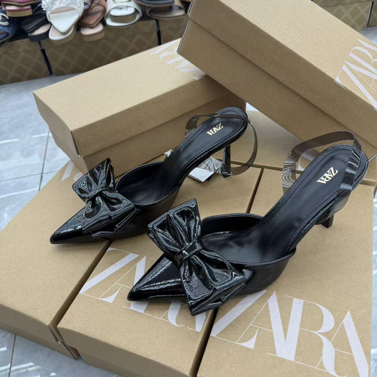 ZA2025 summer new product French bow decoration pointed transparent back strap, slim high heels with exposed heels, Mueller shoes for women