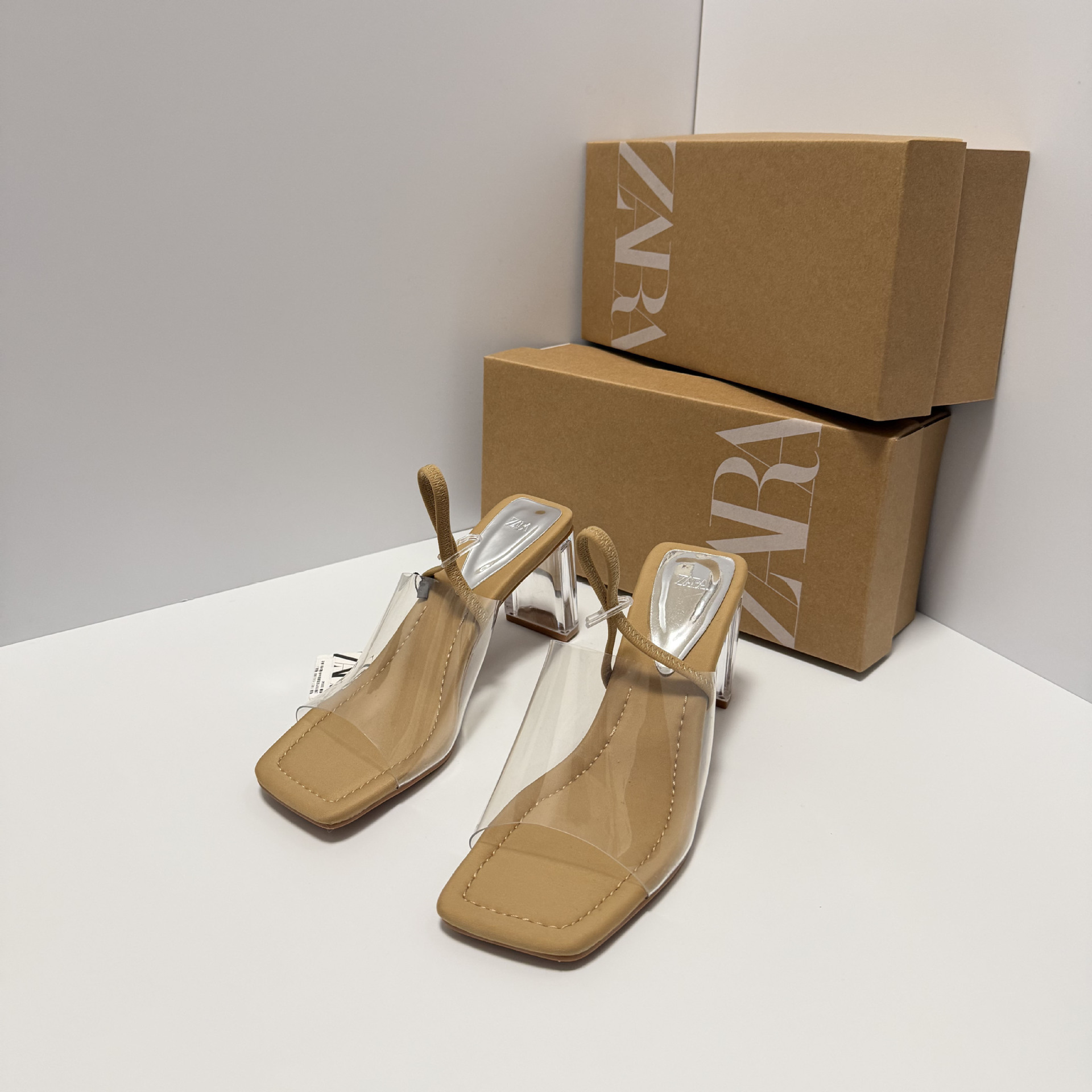 ZA25 new square headed transparent straight strap with exposed toes and sexy French fashion crystal sandals for women