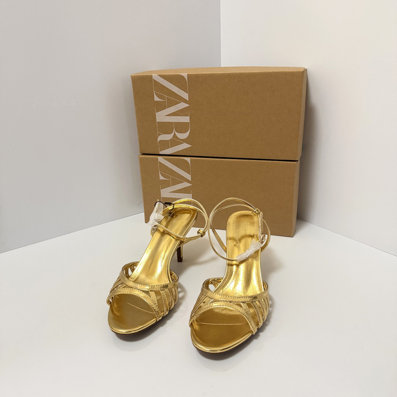 ZA manufacturer's 2026 new summer high-heeled sandals for women, featuring gold hollowed out round toe straight buckle with thin heel and fish mouth design