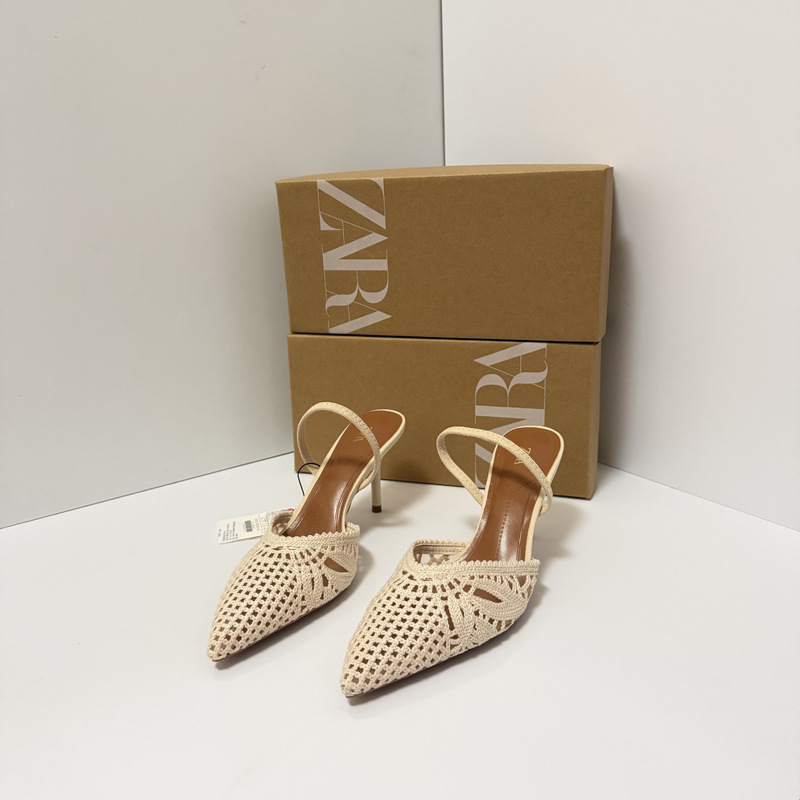 ZA's new beige woven pointed thin heel sandals for women in summer, French hollow high heels with versatile temperament, nude color