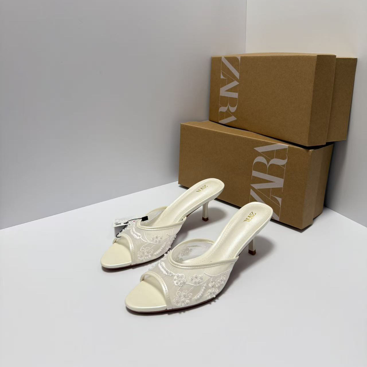 ZA2025 Autumn New Embroidered Beaded Mesh Sandals Fashion Fish Mouth Open Toe Back Air Heel High Heels for Women