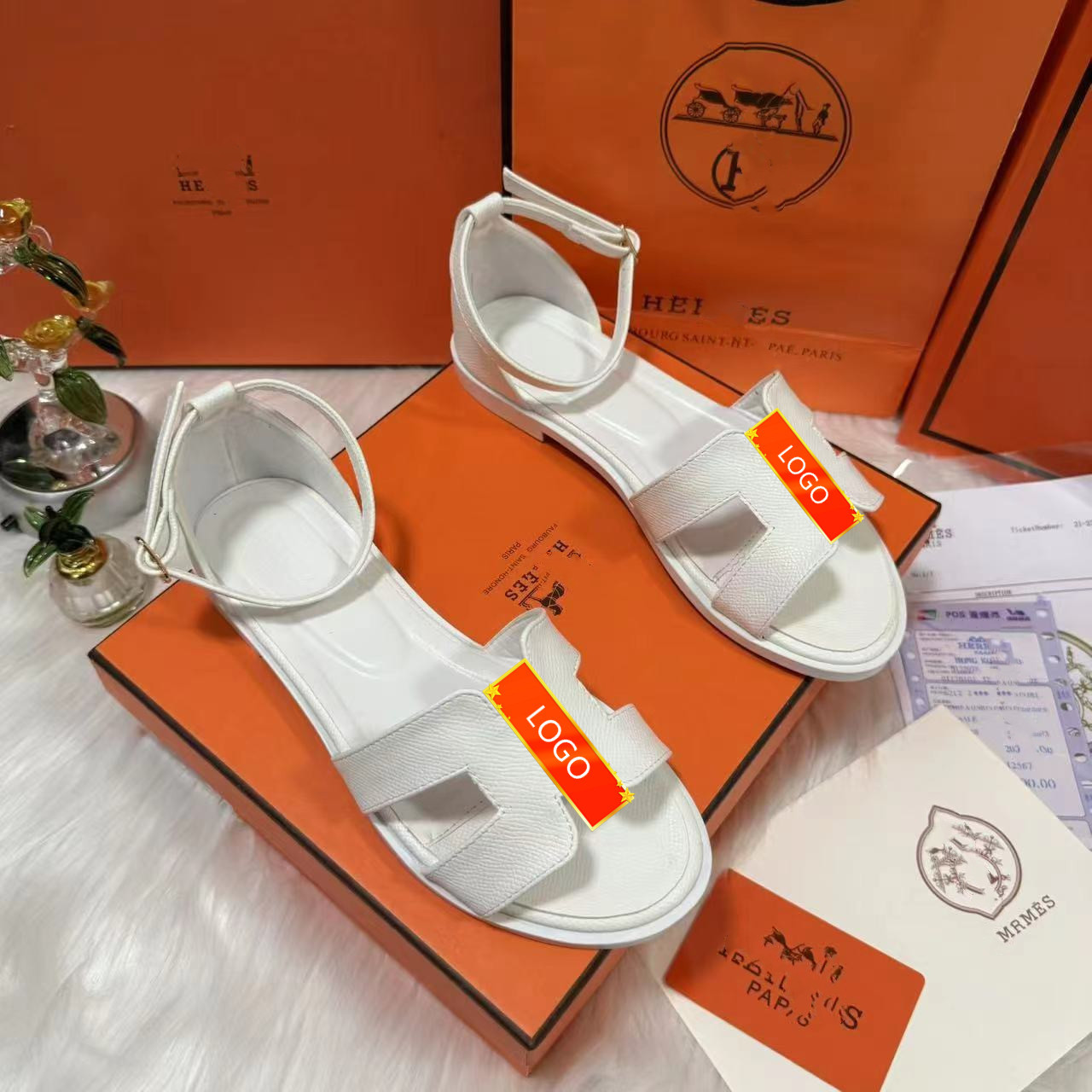 H-shaped back bag, original board, original logo, outsole color scheme, high-end fashion leather material sandals, summer women's slippers