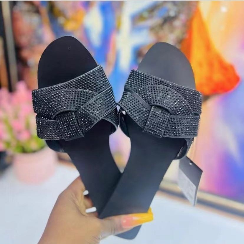 2024 popular ZAR new diamond decoration women's slippers European and American women's sandals Sandals summer flat bottom