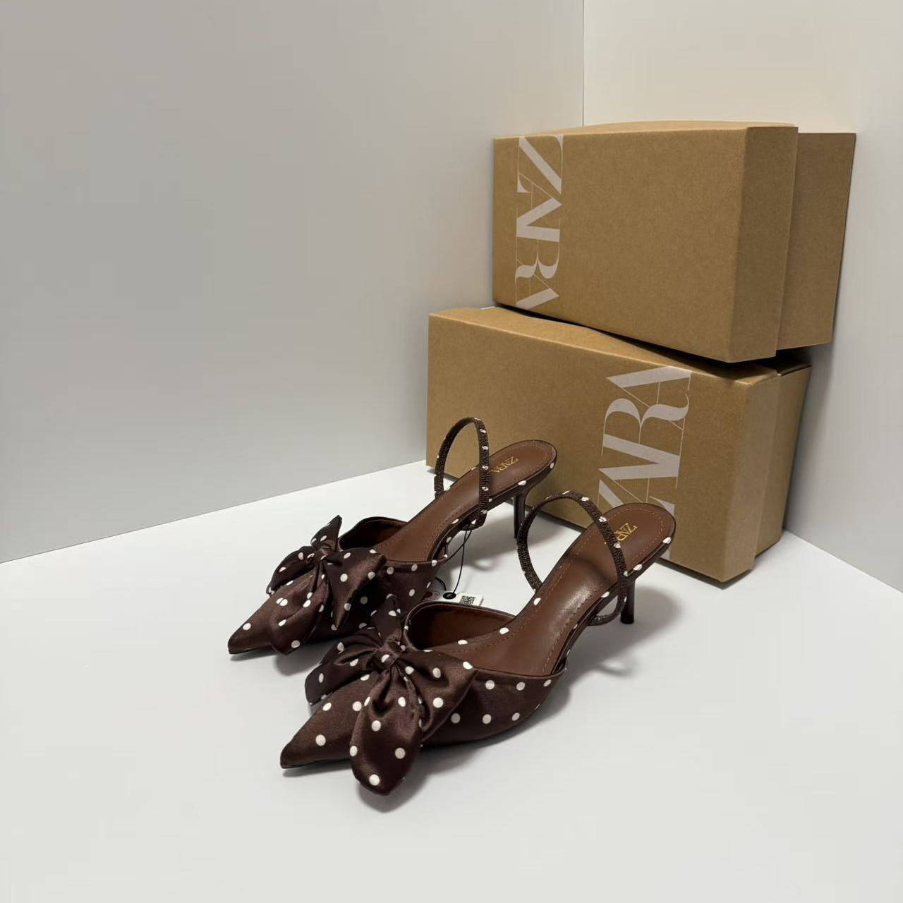 ZA women's shoes 2025 autumn new style pointed polka dot butterfly bow decoration high heels with empty thin heels sandals M ü ller shoes for women