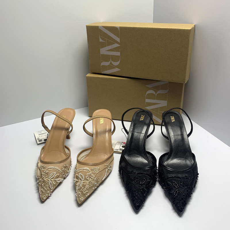 ZA Spain 2024 Autumn New Women's Shoes White Embroidered Mesh Fine High Heels Pointed Shallow Sandals for Women