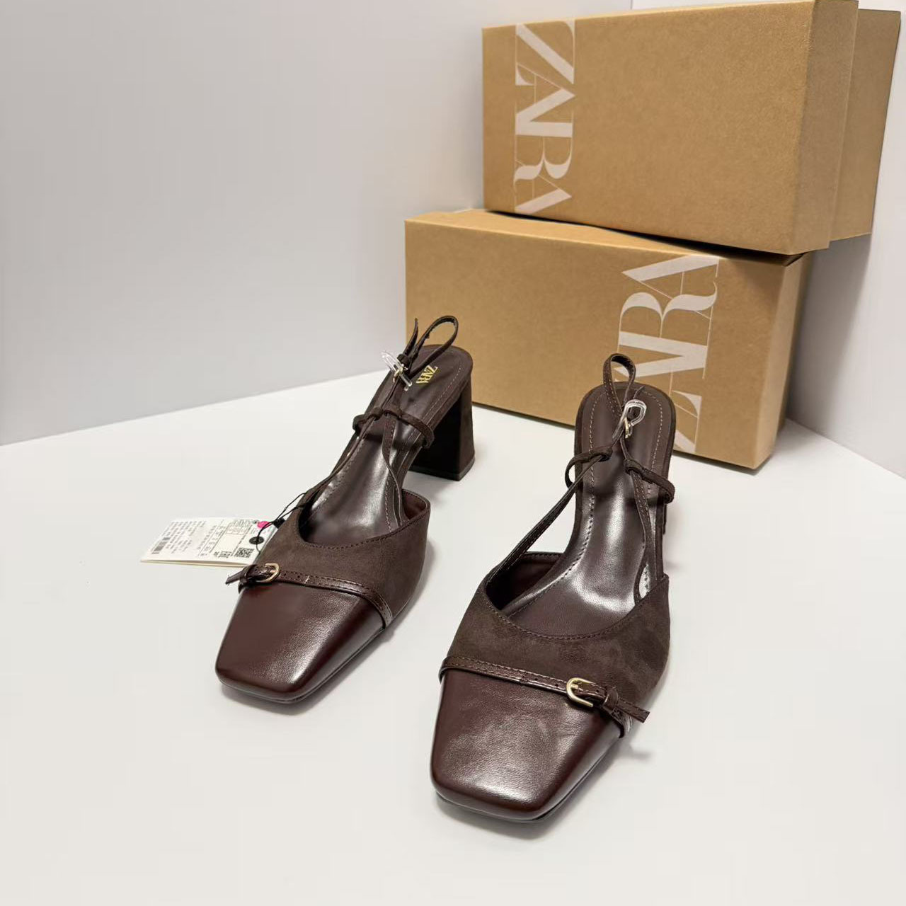 ZA2026 Spain Winter New Product Women's Shoes Brown Thick High Heels Bare Heel Square Mouller Sandals Fashion Versatile