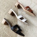 Slippers Women's Summer 2025 New Korean Edition Genuine Leather Cool Slippers Women's Coarse Heel Fashion Outerwear Versatile Middle Heel One Line Slippers