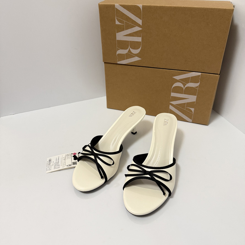 ZA Home 2025 New Women's Shoes Fashionable and Versatile One Belt Back Empty Slippers Fabric Bow Decoration High Heels Sandals