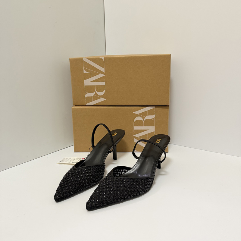 ZA Spring 2025 New Pointed Shoes, Slippers, Women's Fine Heels, 2025 Summer New Design, Hollow Mesh Headcover, Half Dragged Women