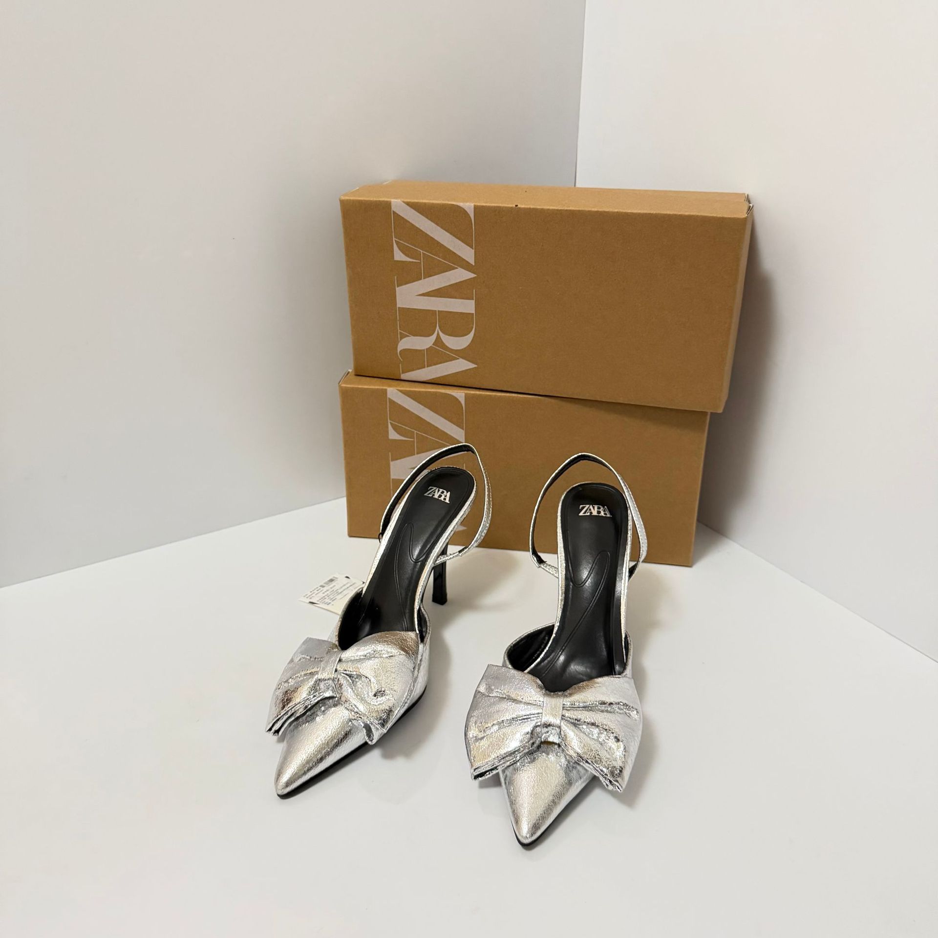 ZA New Product 2025 Foreign Trade French High Heels, Fine Heels, Metal Series, Pointed Bow Tie, Fashion Women's Sandals