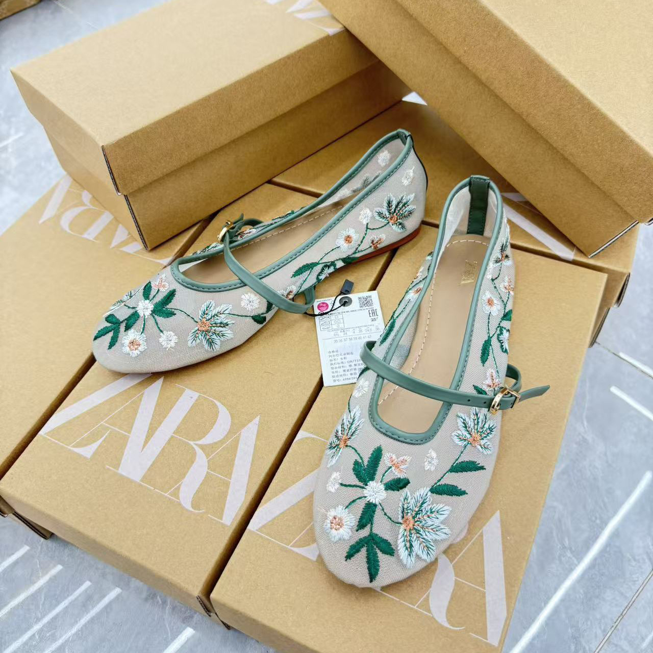 ZA Women's Shoes Mesh Breathable Embroidered Pearl Ornament Fresh Forest Series One Step Stepping Mary Jane Ballet Shoes Flat Sandals