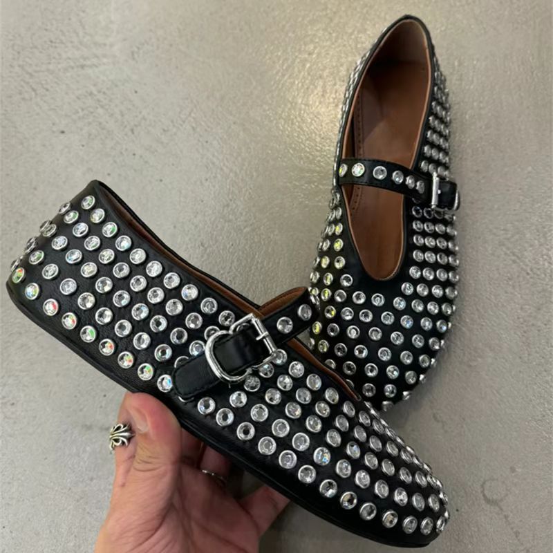 2025 Spring Water Diamond Ballet Shoes Women's Round Head Flat Flat One Word Strap Retro French Mary Jane Single Shoes