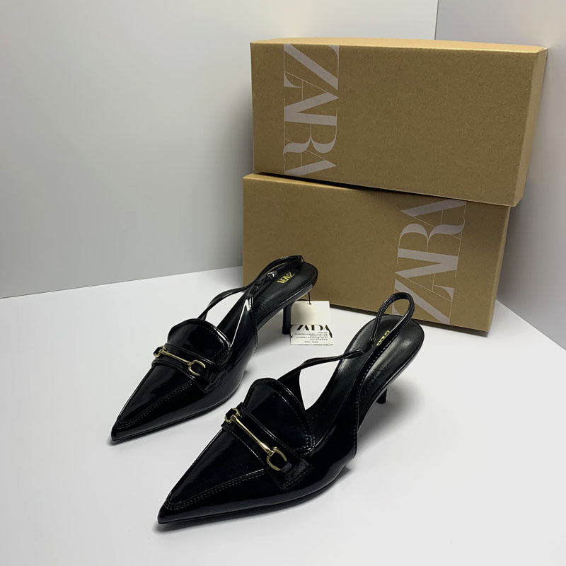 ZA Home 2025 New Women's Shoes with Fine Heels, Elegant Ladies' High Heels, Black Headstock, Shallow Mouth, Rear Tripstrap, Muller Single Shoes