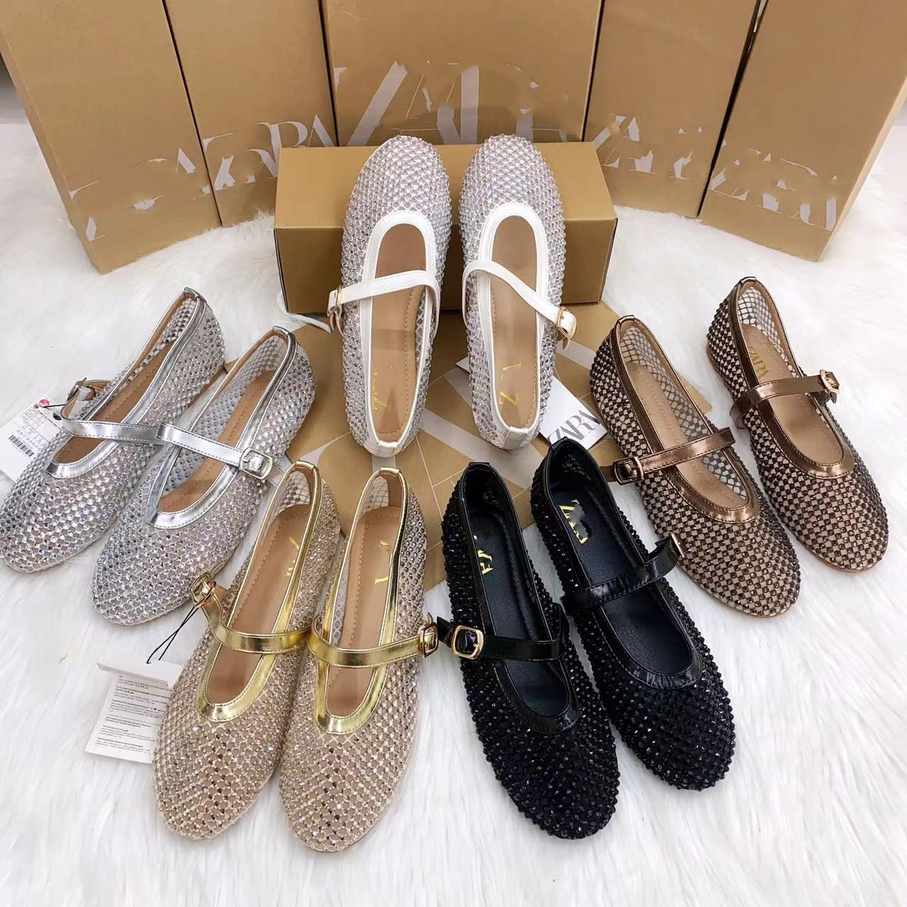 ZA's new water diamond Mary Jane flat shoes for women 2025 new French button ballet single shoes round toe mesh transparent