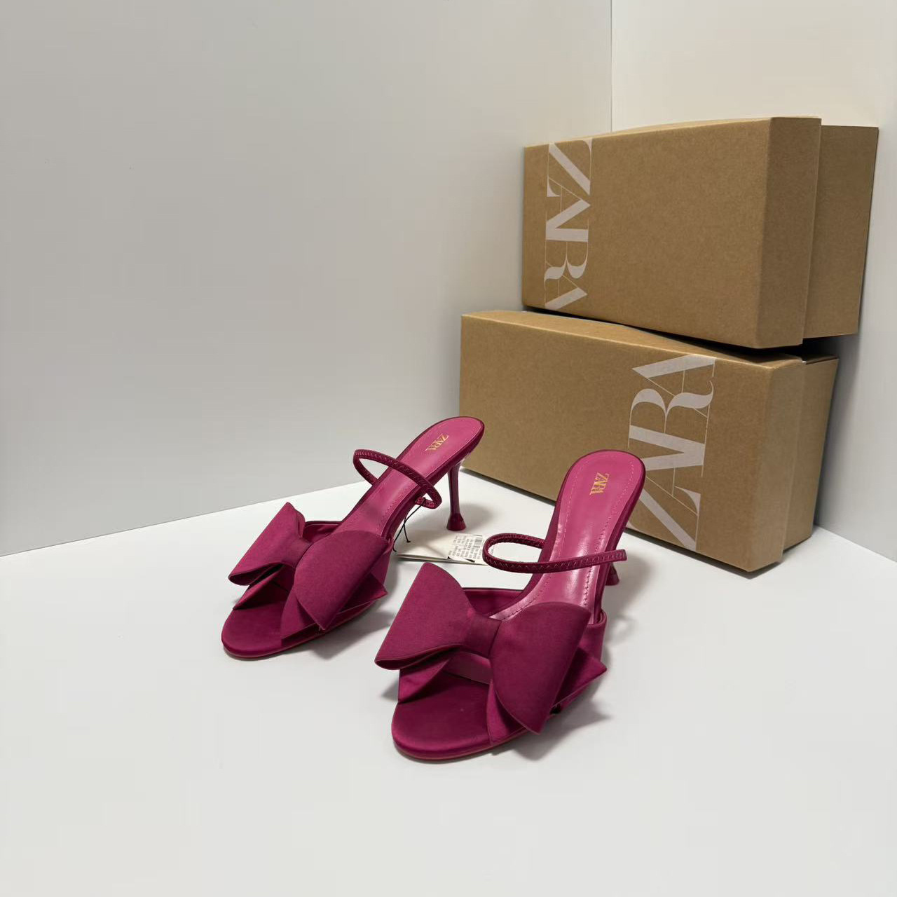 ZA Women's Shoes 2025 Spring New Product Women's Shoes Silk Bow Decorative High Heels Bare Toe Back Air Thin Heels Women's Shoes