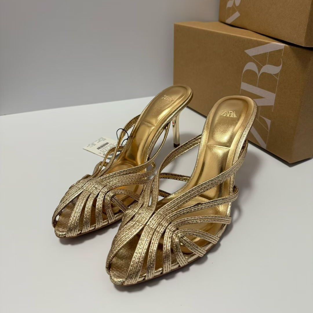 ZA Manufacturer's 2025 New Product: European and American Fashion Elegant Women's Shoes, French Elegant Middle Heel, Baotou One Word Buckle, Thin Strap