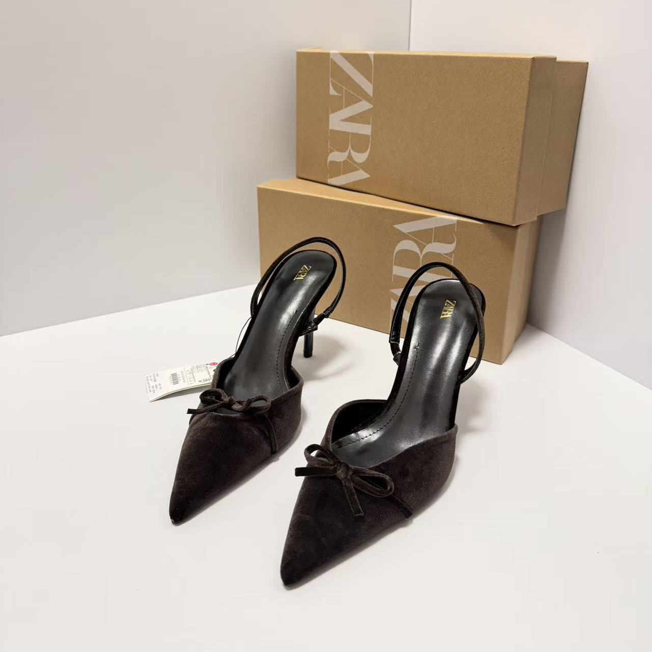 ZA2026 new women's shoes velvet bow high heels temperament socialite pointed shallow mouth back strap single shoe women
