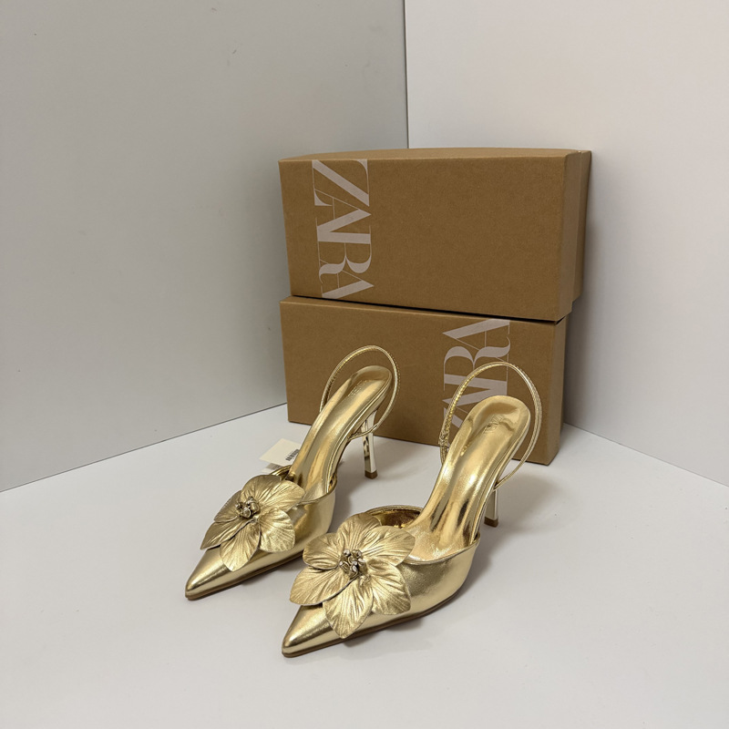 ZA2026 Summer New Fashionable Women's Shoes with Metal Plating Effect Flower Pointed Stiletto Heels and Dew Heel Sandals Versatile