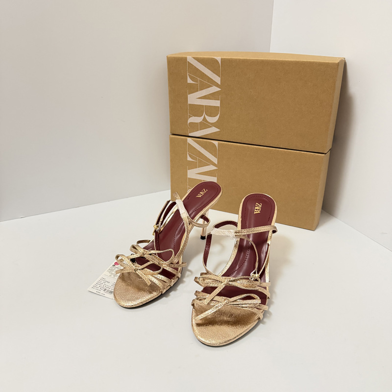 ZA Summer New 2026 Cross border Foreign Trade High Heels Women's Fine Heels Gold Black Butterfly Buckle Sandals with Open Toes