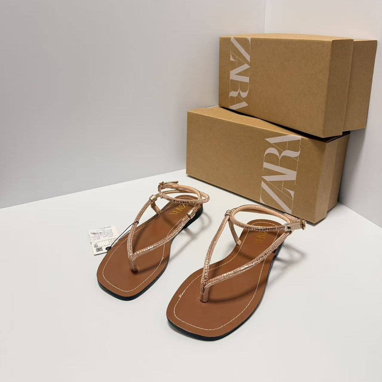 ZA2026 new flat sandals for women's foreign trade original single diamond strap women's shoes fashion set shoes square toe flat bottom women's cool