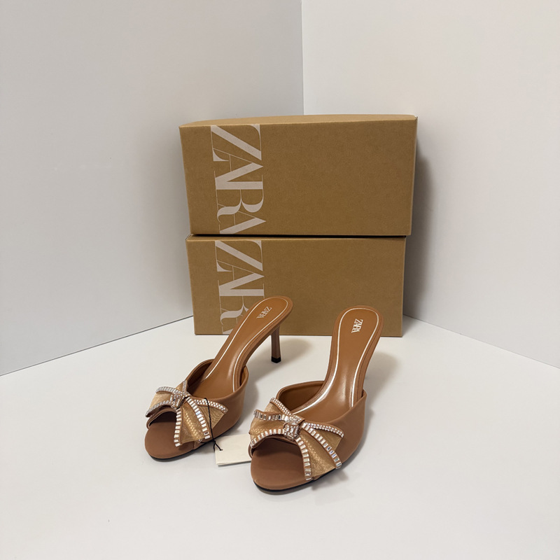 ZA2024 Summer New Water Diamond Bow Decoration European and American High Heels Women's Shoes Daily Outerwear Sandals Women