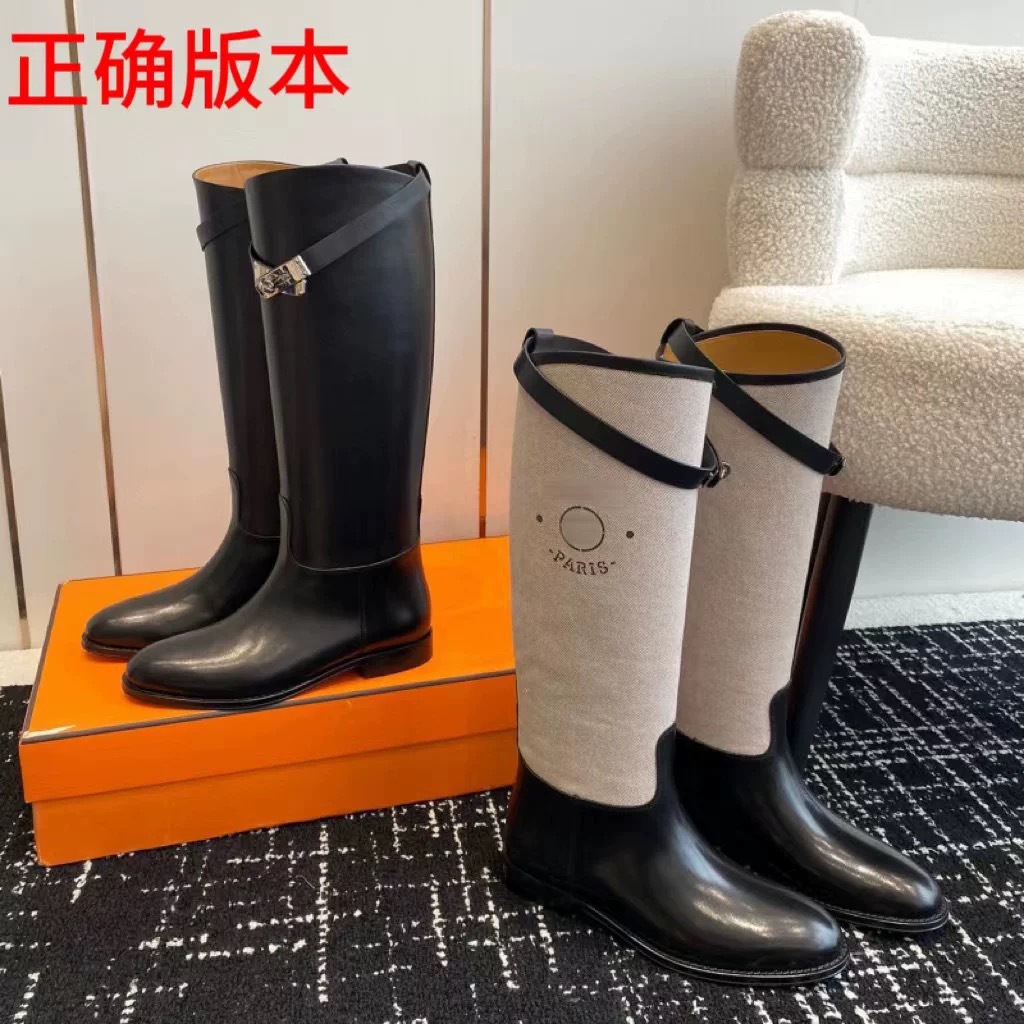 Women's Long Boots 2024 New H Home Genuine Leather Black and White Splicing Knight Boots Diagonal Buckle Over Knee Long Tube Boots Children