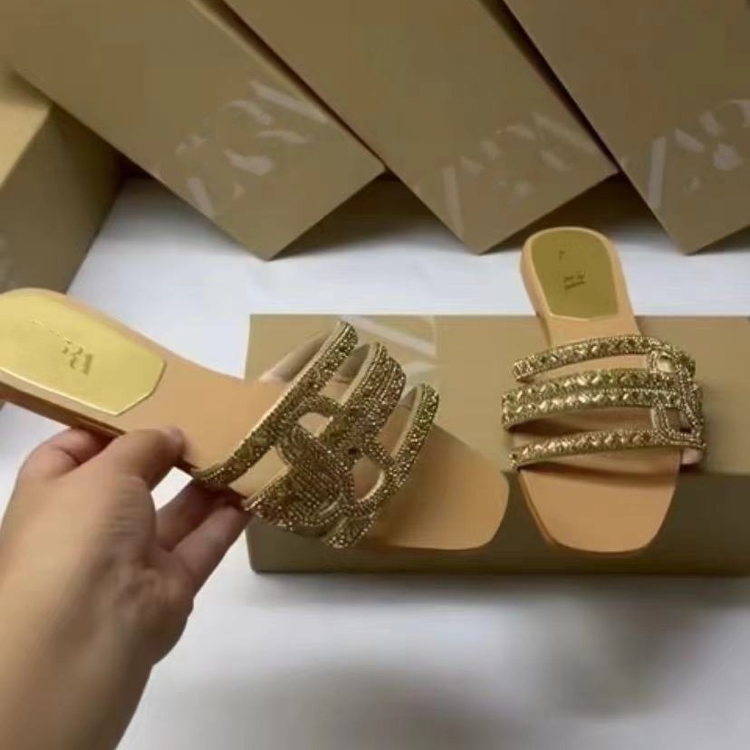 ZAR's new one-piece women's slippers, European and American sandals, Sandals2024 high-end rhinestone explosive red style