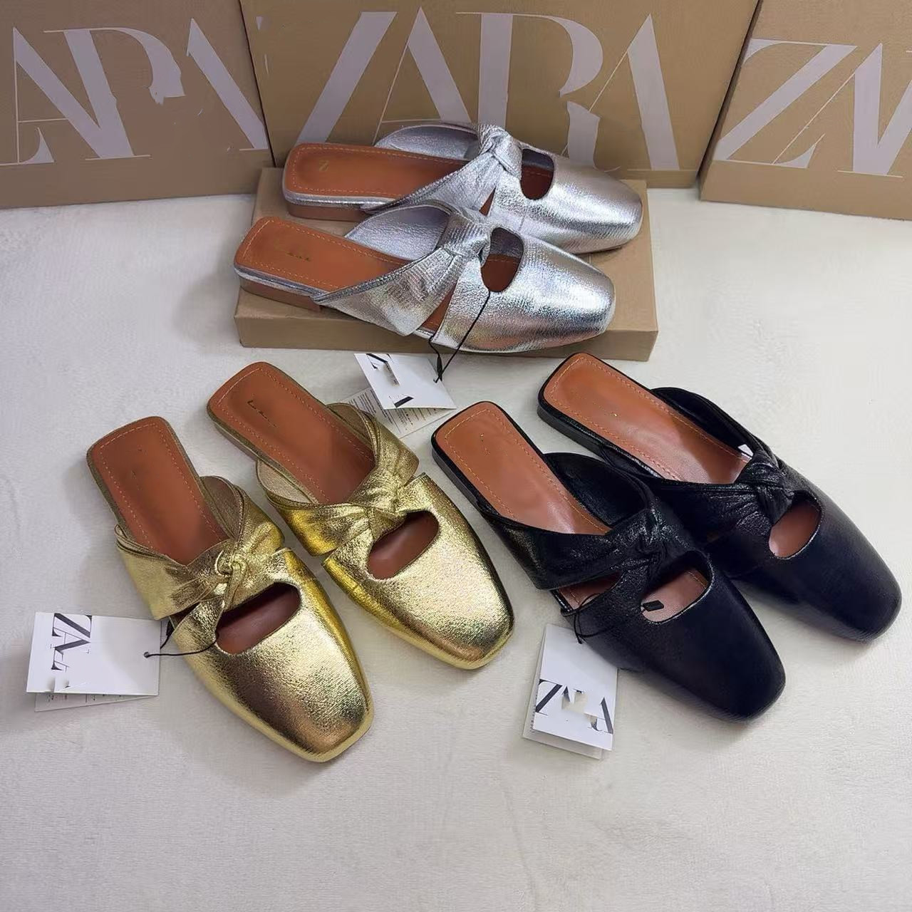 ZA's new metal style bow square headed flat slippers are fashionable and versatile for women in summer, and are a cross-border hot selling cool slipper