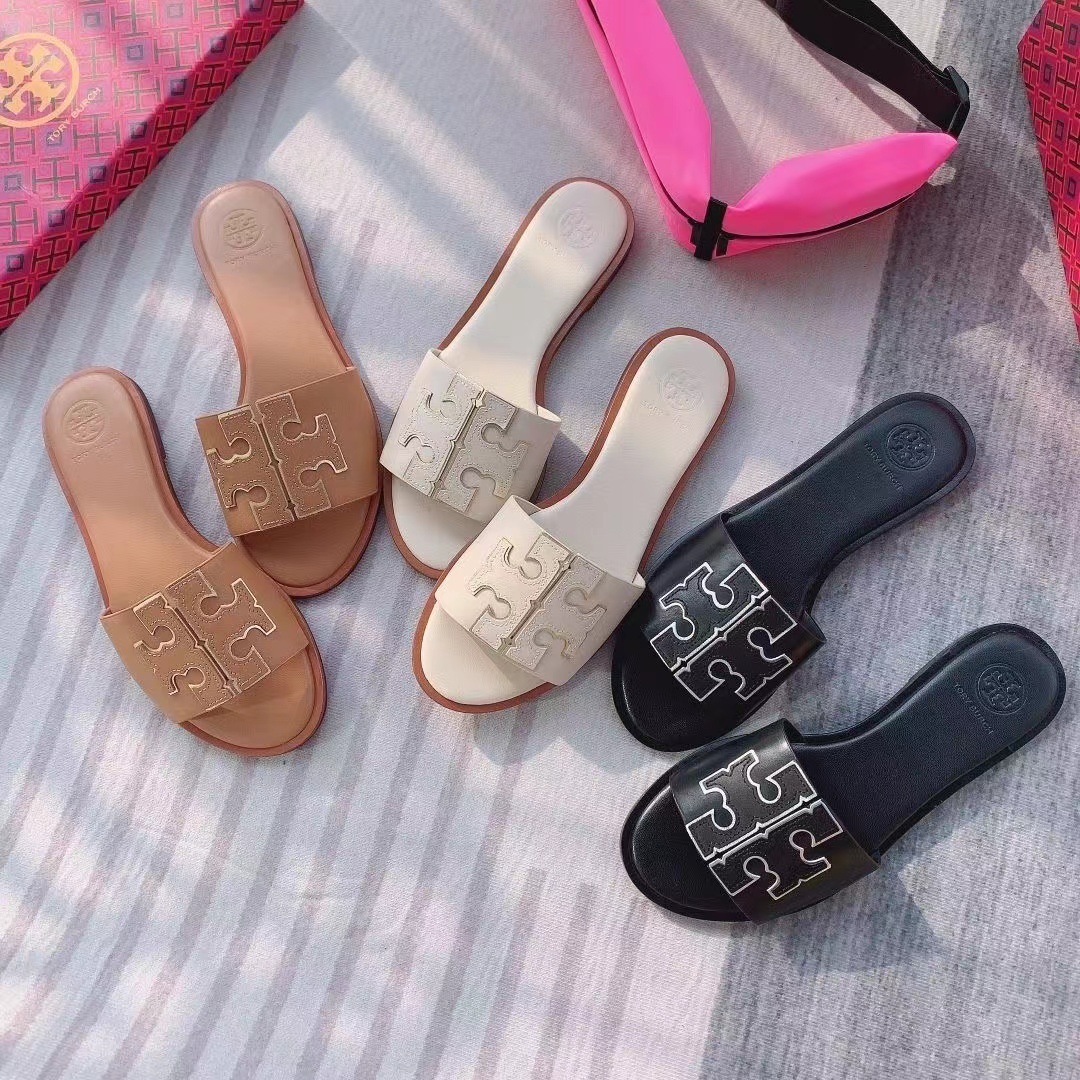 2024 Summer New TB One Piece External Slippers Women's Sandals Leather Soft Surface Casual Beach Drag Flat Fashion