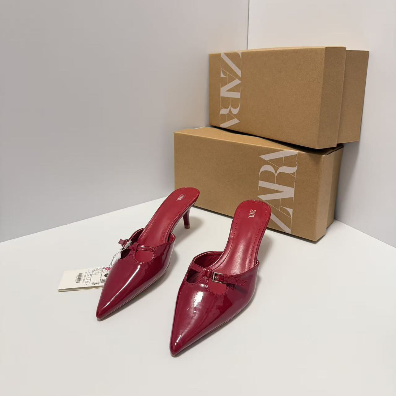ZA25 Spring Fashion Versatile Western Style Buckle Decoration Lacquer Leather Cat Heel Muller Shoes Simple Thin Heel Pointed Half Slippers for Women