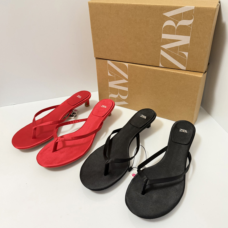 ZA women's new 2024 spring/summer round toe high-heeled shoes with red herringbone clip, exposed heel, cat heel, fashionable sandals for women