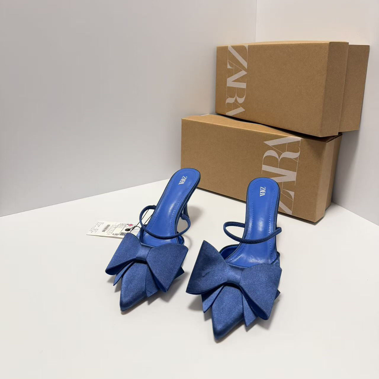 ZA2026 New Product Women's High Heels Blue Silk Texture One Word Post mixed Butterfly Knot Decoration Mueller Shoes High Heels Women