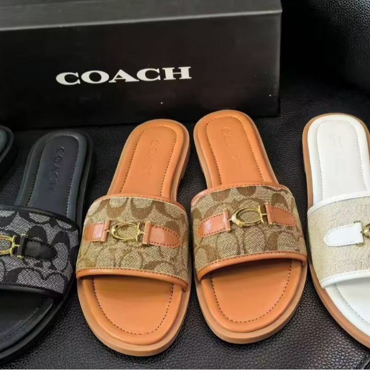 COA foreign trade European and American genuine leather CH one line drag women versatile fashion flat foot kick beach vacation cool drag women