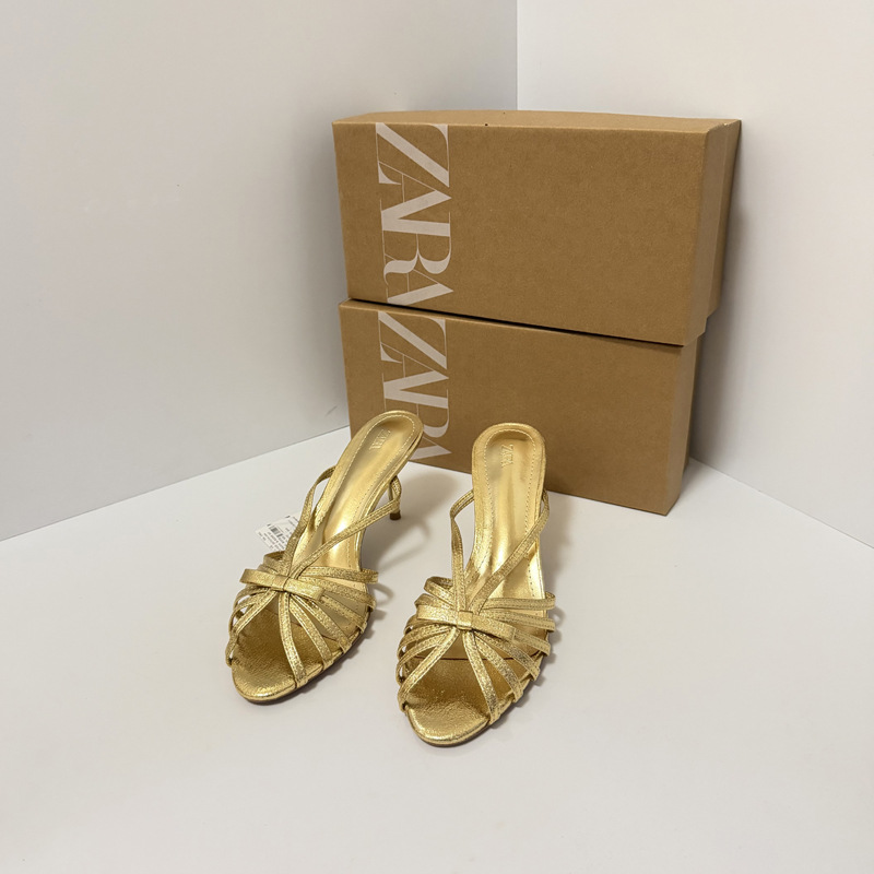 ZA Summer 2026 New High Heels Women's Fine Heels Summer Fashion Versatile Bare Toe Bow Hollow Cool Slippers