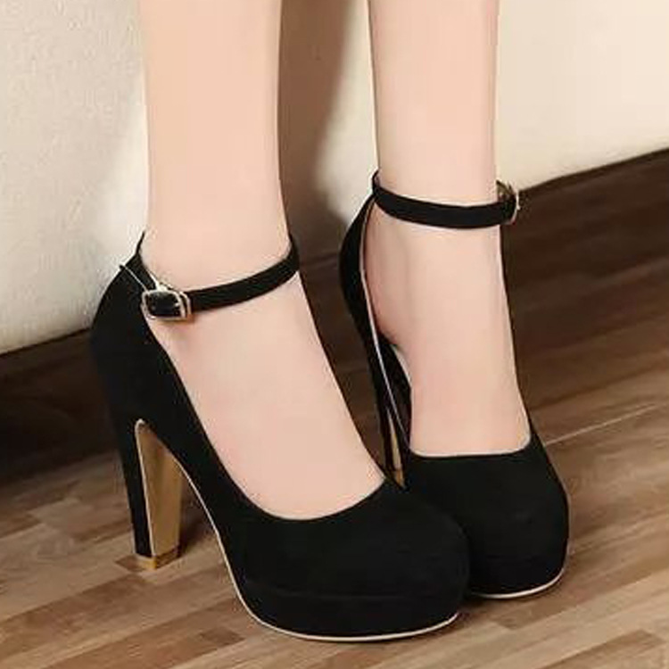 Korean version new women's high heels, foreign trade single shoes, waterproof platform buckle, solid color women's plus size 42 high heels, super high heels