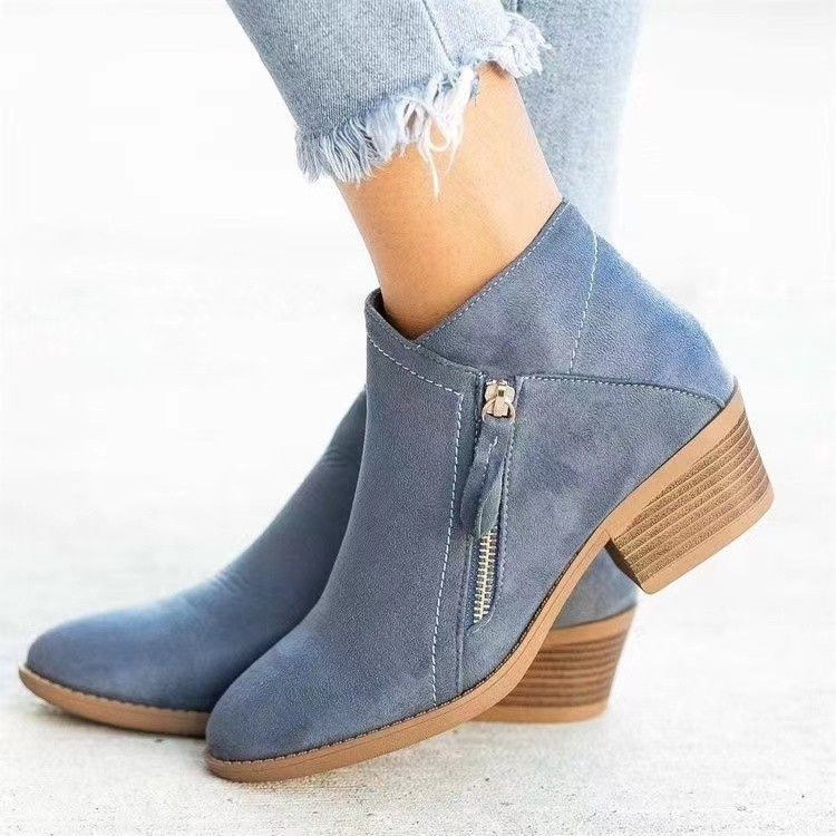 2024 Autumn New Women's Boots European and American Round Head Side Zipper Thick Heel Women's Boots Large Fashion Solid Color Fashion Boots