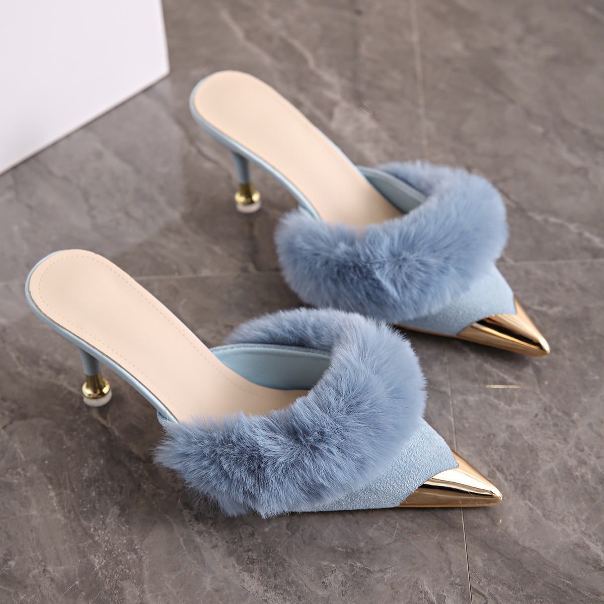 Baotou hairy slippers for women, suitable for all seasons. New French metal pointed thin high heels, versatile, plus size half drag Baotou hairy slippers for women, suitable for all seasons. New French metal pointed thin high heels, versatile, plus size half drag