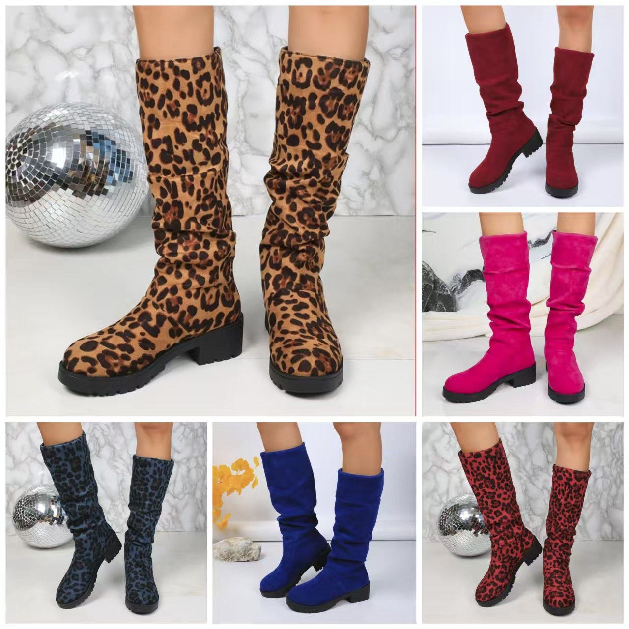 Cross border leopard print suede thick heel fashion boots for women in autumn and winter, new European and American fashion versatile, folded and stacked boots
