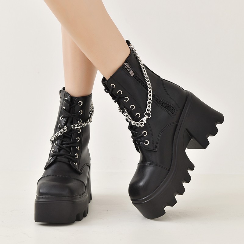 2023 Cross border Foreign Trade Europe and America Thick Bottom Women's Martin Boots Short Boots Thick Heel Motorcycle Chain Knight Boots European and American Style