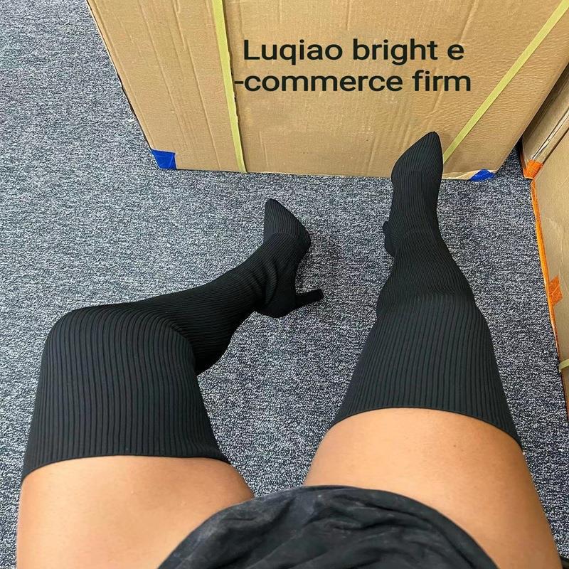 Autumn and winter pointed thick heel knitted knee high boots for women cross-border independent station foreign trade plus size elastic yarn socks long tube boots