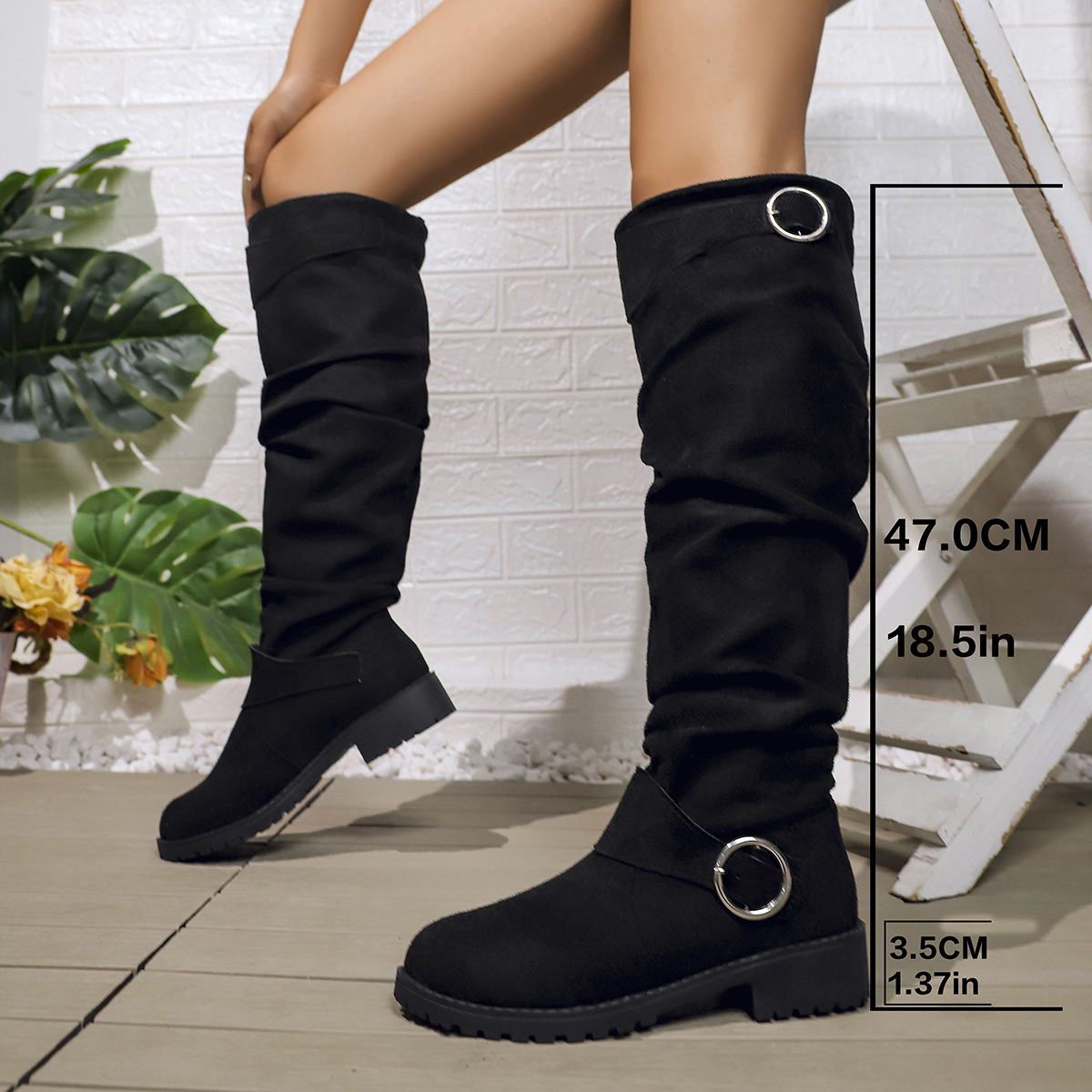 Cross border new plus size women's shoes, pleated women's boots, belt buckles that cannot fit knees, stacked boots, thick heels, fashion boots, Amazon