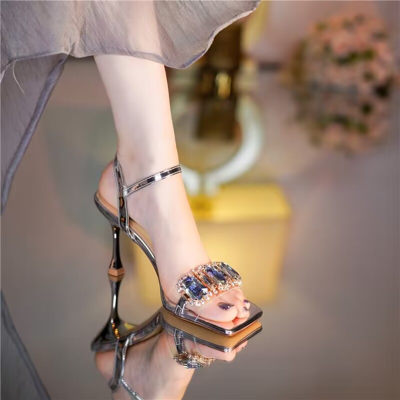 One line rhinestone gold square toe sandals for women with exposed toes, sexy and sparkling high heels, 2024 summer dress and heel shoes