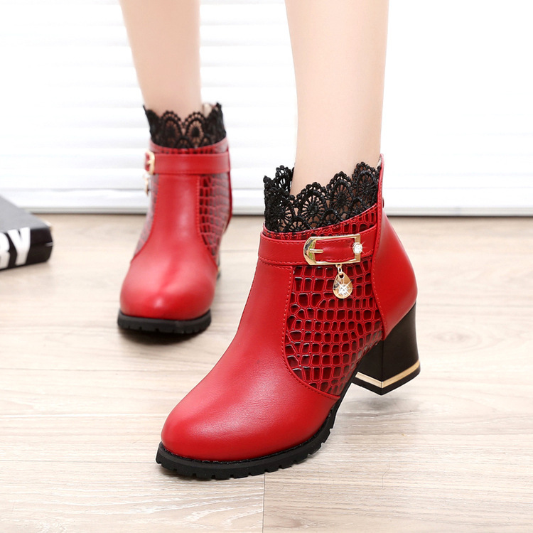2024 autumn and winter new European and American Martin boots high heels women's short boots thick heels ankle boots sexy lace round toe women's shoes