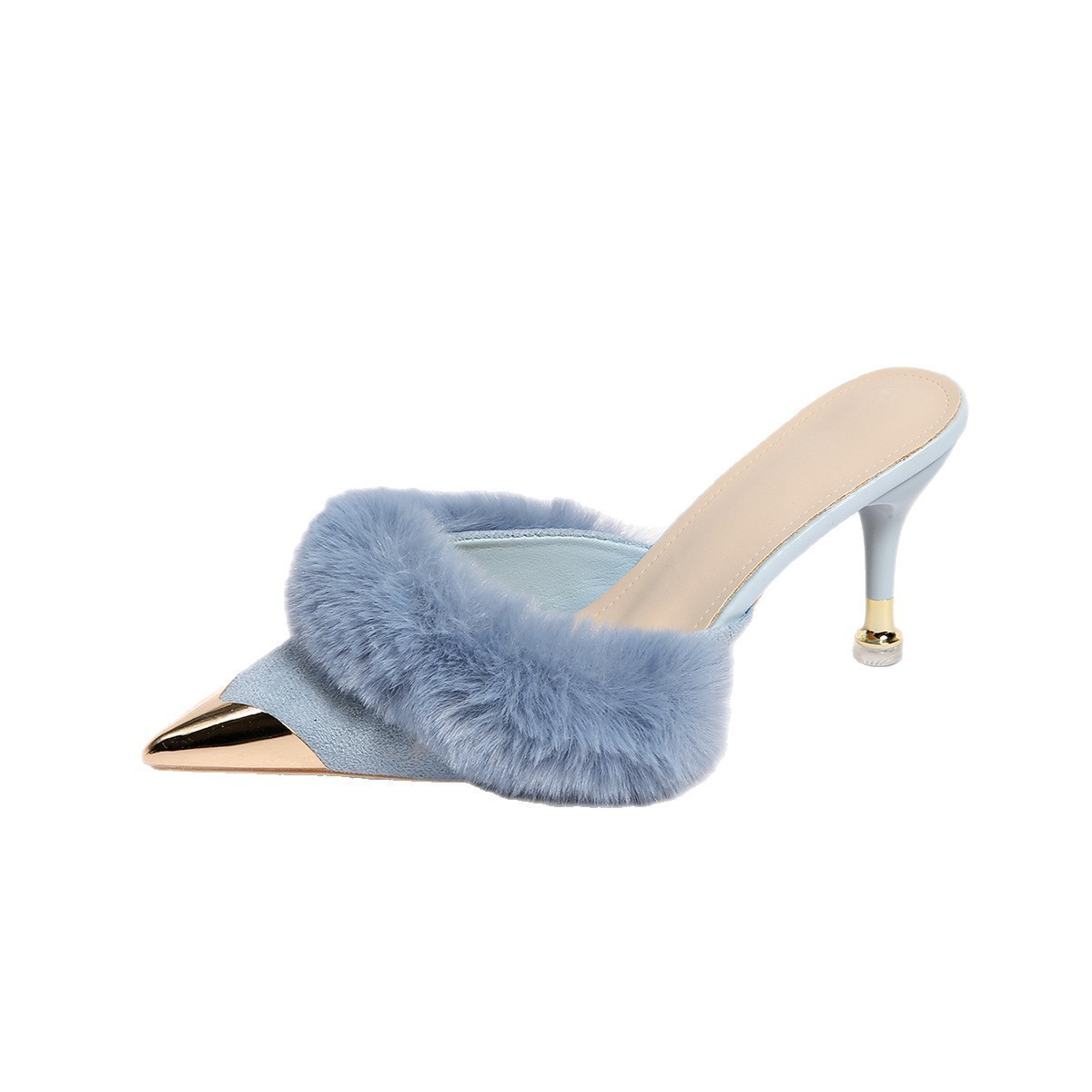 Baotou hairy slippers for women, suitable for all seasons. New French metal pointed thin high heels, versatile, plus size half drag Baotou hairy slippers for women, suitable for all seasons. New French metal pointed thin high heels, versatile, plus size half drag