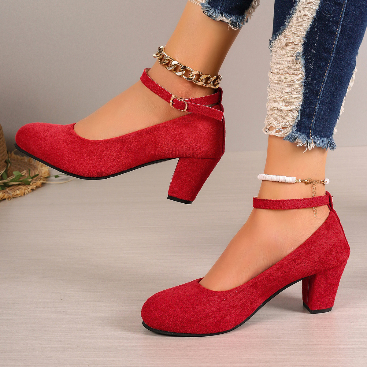 Large size single shoe women's 2024 spring new high heels Korean version round toe suede buckle thick fashion heel shallow mouth women's shoes