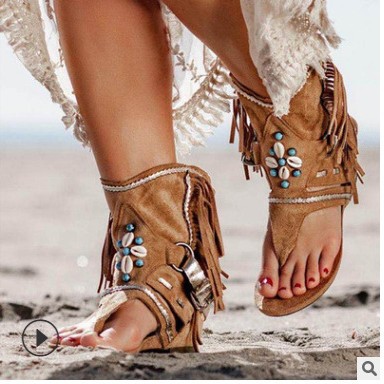 European and American 2024 Summer New Style Tassel Flat Toe Sandals Foreign Trade Large Size Wish Cross border Beaded Roman Cool Boots for Women