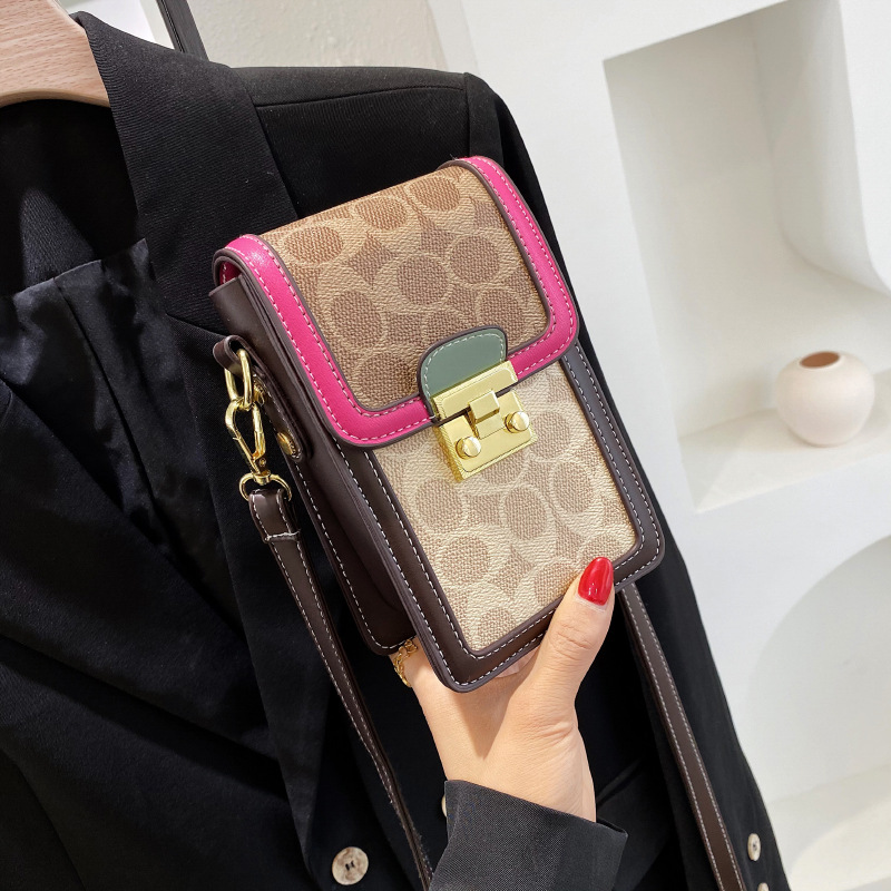 Mobile phone bag, women's new retro trendy printed crossbody contrasting single shoulder bag, vertical small square bag, hair replacement mini bag